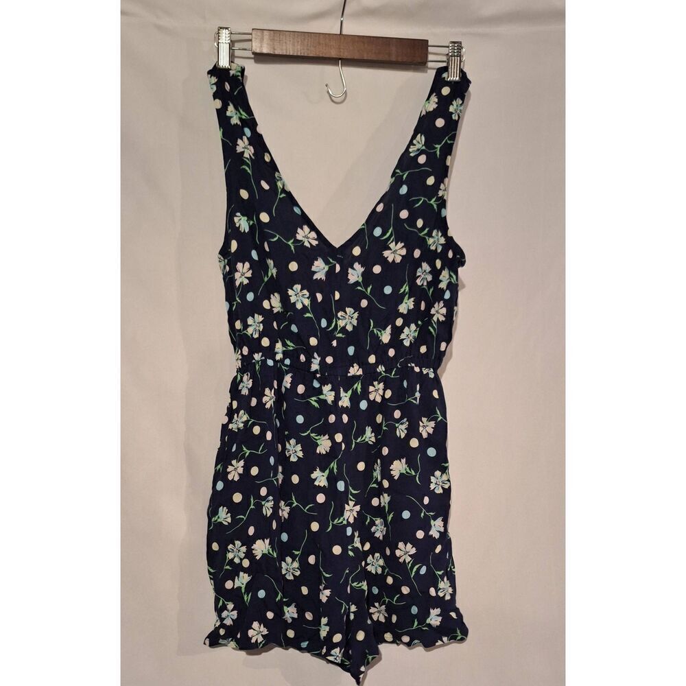 BP Nordstrom Navy Floral Polka Dot V-Neck‎ Sleeveless Romper XS Ruffle Hem Rayon